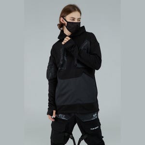 Men&#39;s Long Black Hoodie with Utility Pockets - Cotton Blend, Zippers, Thumbhole Sleeves