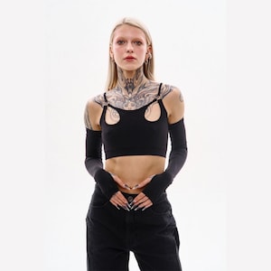 Black futuristic halter top women with sleeves, cut out cyberpunk tank top, crop top futuristic fashion outfit, designer womens clothes