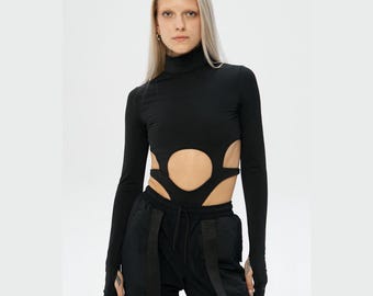 Black techwear bodysuit, turtleneck cutout waist leotard, rave outfit for goth girl
