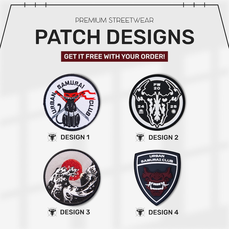 May include: Four embroidered patches labeled Design 1 through 4. Design 1 is a circular black cat with swords and text. Design 2 is a circular black and white emblem. Design 3 is a circular wave and sun graphic. Design 4 is a shield-shaped mask.