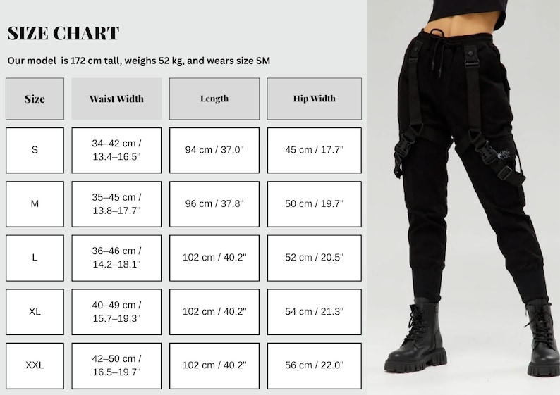 May include: Black cargo pants with adjustable straps and buckles, paired with black boots. A size chart displays waist, length, and hip measurements in both centimeters and inches. The model is 172 cm tall and wears size SM.