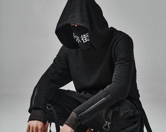 Gothic Techwear Hoodie Men, Cyberpunk Hoodie, Japanese Streetwear Long Hoodie, Post apocalyptic hoodie,  Dystopian clothing