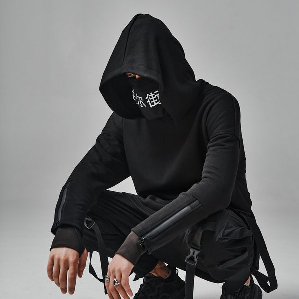 Gothic Techwear Hoodie Men, Cyberpunk Hoodie, Japanese Streetwear Long Hoodie, Post apocalyptic hoodie,  Dystopian clothing