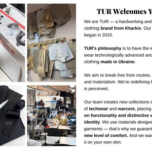 The image is a collage of four photos depicting various aspects of the TUR brand, including a person operating a sewing machine, a workspace with sewing equipment, a person working on a garment, and a person working on a garment.