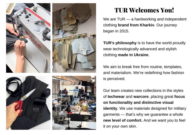 The image is a collage of four photos depicting various aspects of the TUR brand, including a person operating a sewing machine, a workspace with sewing equipment, a person working on a garment, and a person working on a garment.