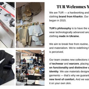 The image is a collage of four photos depicting various aspects of the TUR brand, including a person operating a sewing machine, a workspace with sewing equipment, a person working on a garment, and a person working on a garment.