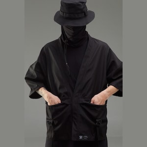 Black techwear cargo kimono, japanese streetwear noragi, oversized darkwear cardigan