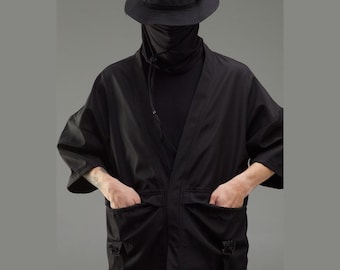Black techwear cargo kimono, japanese streetwear noragi, oversized darkwear cardigan