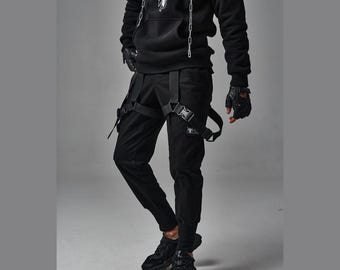 Streetwear cargo pants with straps, cyberpunk apparel joggers, grunge style techwear