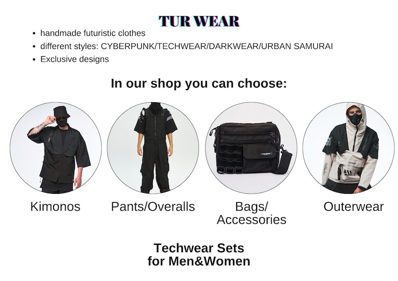 The image is a collage of four images featuring different styles of futuristic clothing and accessories, including Kimonos, Pants/Overalls, Bags/Accessories, and Outerwear.
