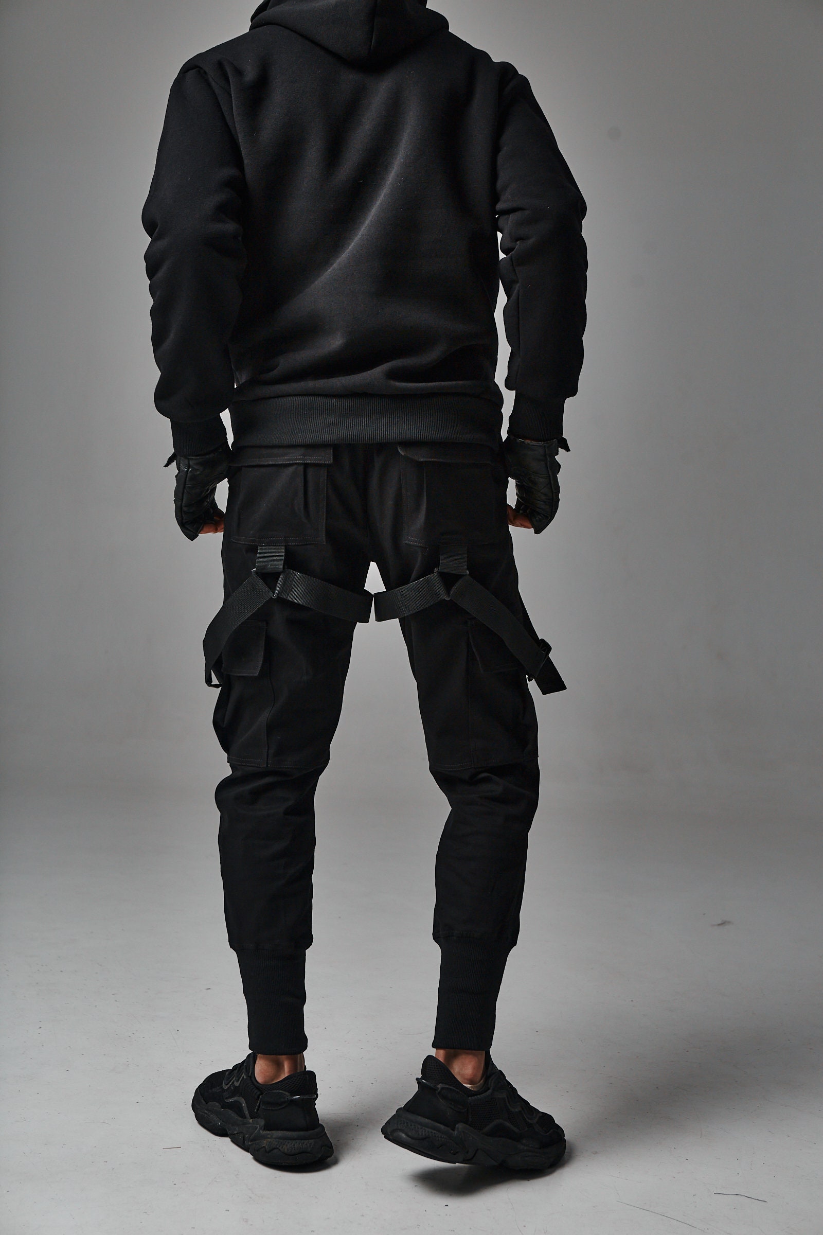 ◆typeservice◆ Textured Strap Pants Black OSTB11BKF Men's Cotton Strap Pants - Tapered Fit, Elastic Waistband