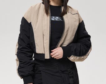 Black Zip up Cropped Bomber, Techwear Y2K Women Jacket, Gothic