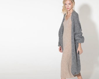 Women's charcoal grey handmade oversize long cardigan in alpaca wool blend by marit-i-me