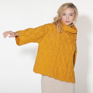 Women's trendy curcumin yellow handmade chunky cable-knit high turtleneck sweater in natural yarn of alpaca wool blend by marit-i-me image 1