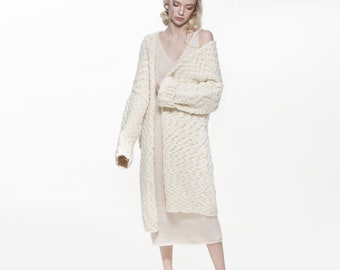 Women's natural white handmade chunky oversize long cardigan coat in natural lambswool by marit-i-me