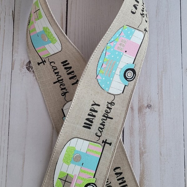 2.5" Camper Ribbon, Canvas RV ribbon,  Happy Campers Ribbon, Camper on Natural