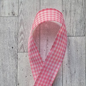 1.5" Pink Gingham Ribbon,  Wired Pink  Gingham Ribbon,  Pink White Wired Ribbon