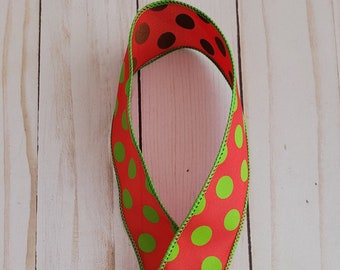 1.5" Red Green Dot Wired Ribbon, Red with Green Dot Satin Ribbon