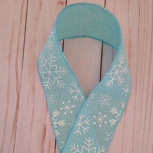 2.5&quot;  Ice Blue Canvas Snowflake Ribbon, White Snowflake on Ice Blue Ribbon, Wired Snowflake Ribbon