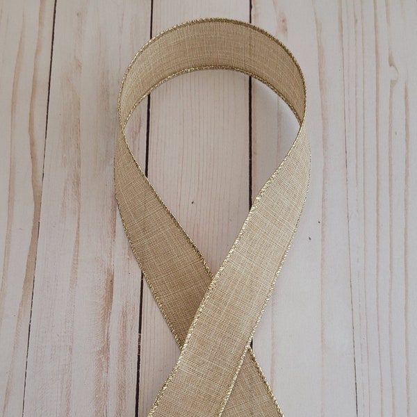 1.5" Natural Canvas Ribbon 3 Yards, Wired Natural Canvas Ribbon with Gold Metallic Edge, Natural Ribbon, Cut to Size