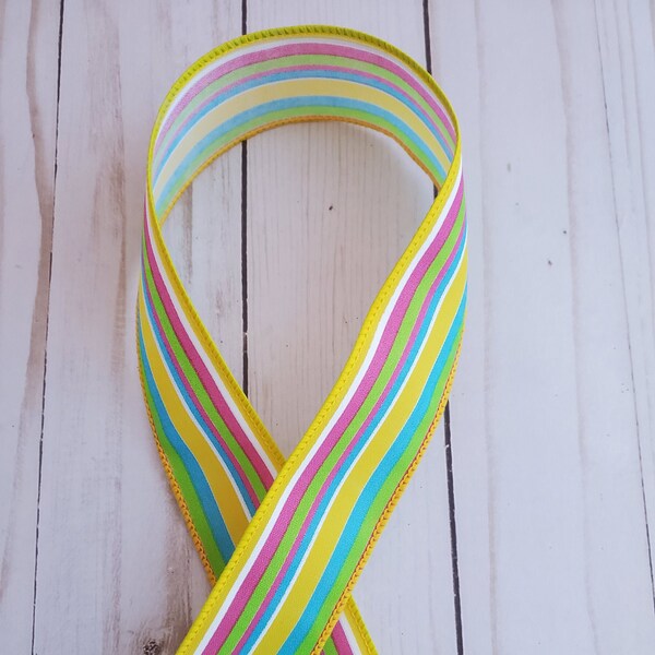 1.5" Bright  Stripe Wired Ribbon, Multi color spring/summer ribbon