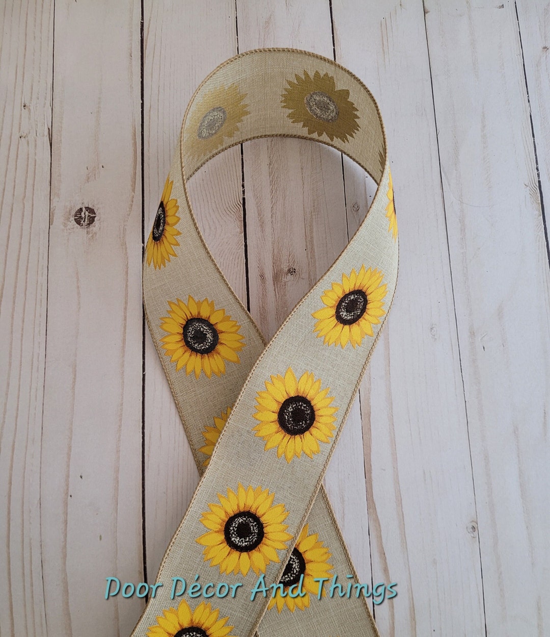 2.5" Sunflower Wired Ribbon, Sunflower Ribbon on Natural Canvas, Yellow ...