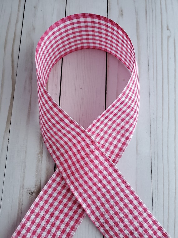 2.5 Hot Pink Gingham Ribbon, Wired Hot Pink Gingham Ribbon, Pink White  Wired Ribbon