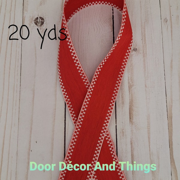 1.5" Red linen White Check Border Ribbon,  Wired Red  Ribbon,  Red White Wired Ribbon