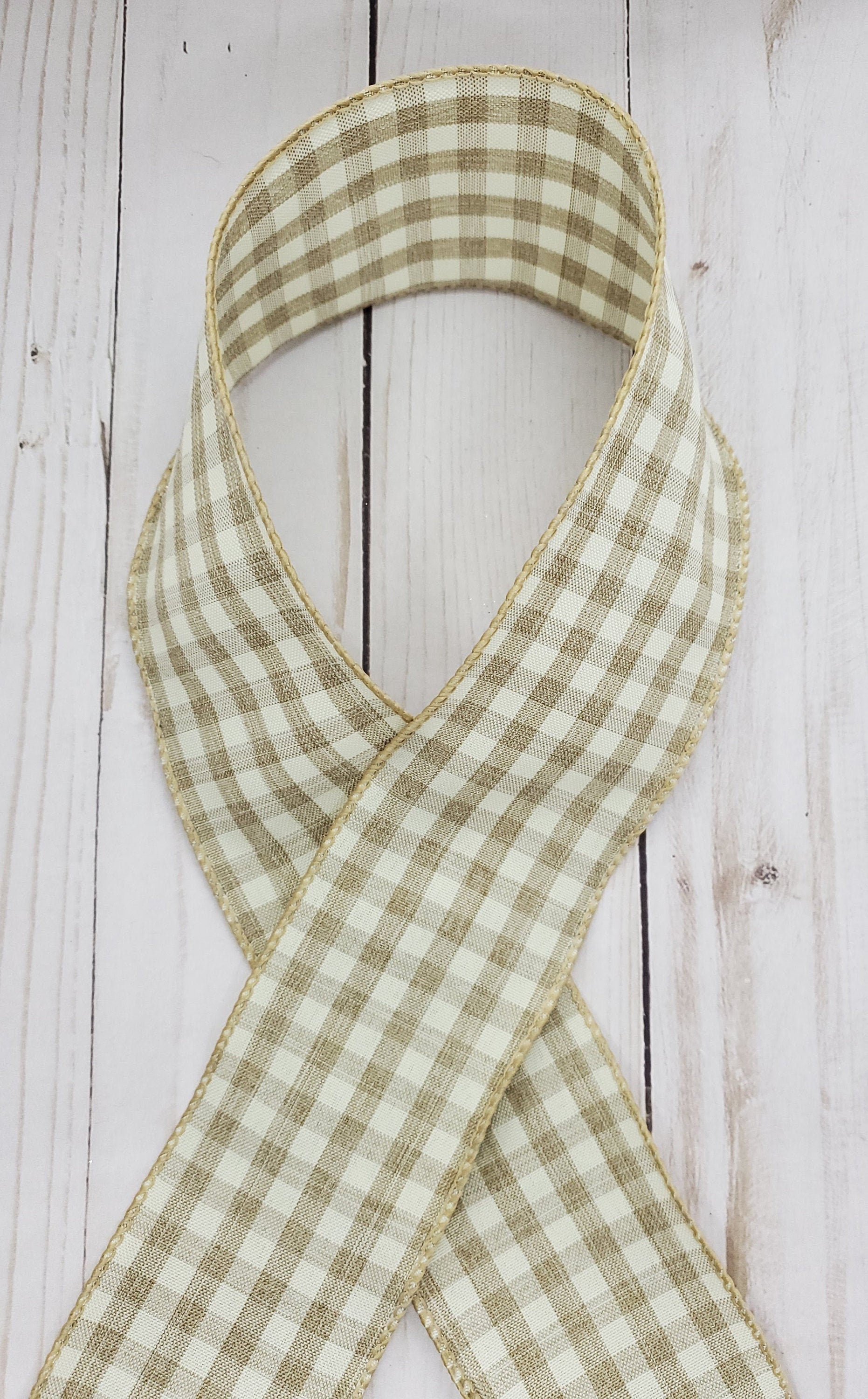 2.5 Woven Natural Gingham Ribbon, Wired Tan Cream Gingham Ribbon, Tan  Gingham Farmhouse Wired Ribbon