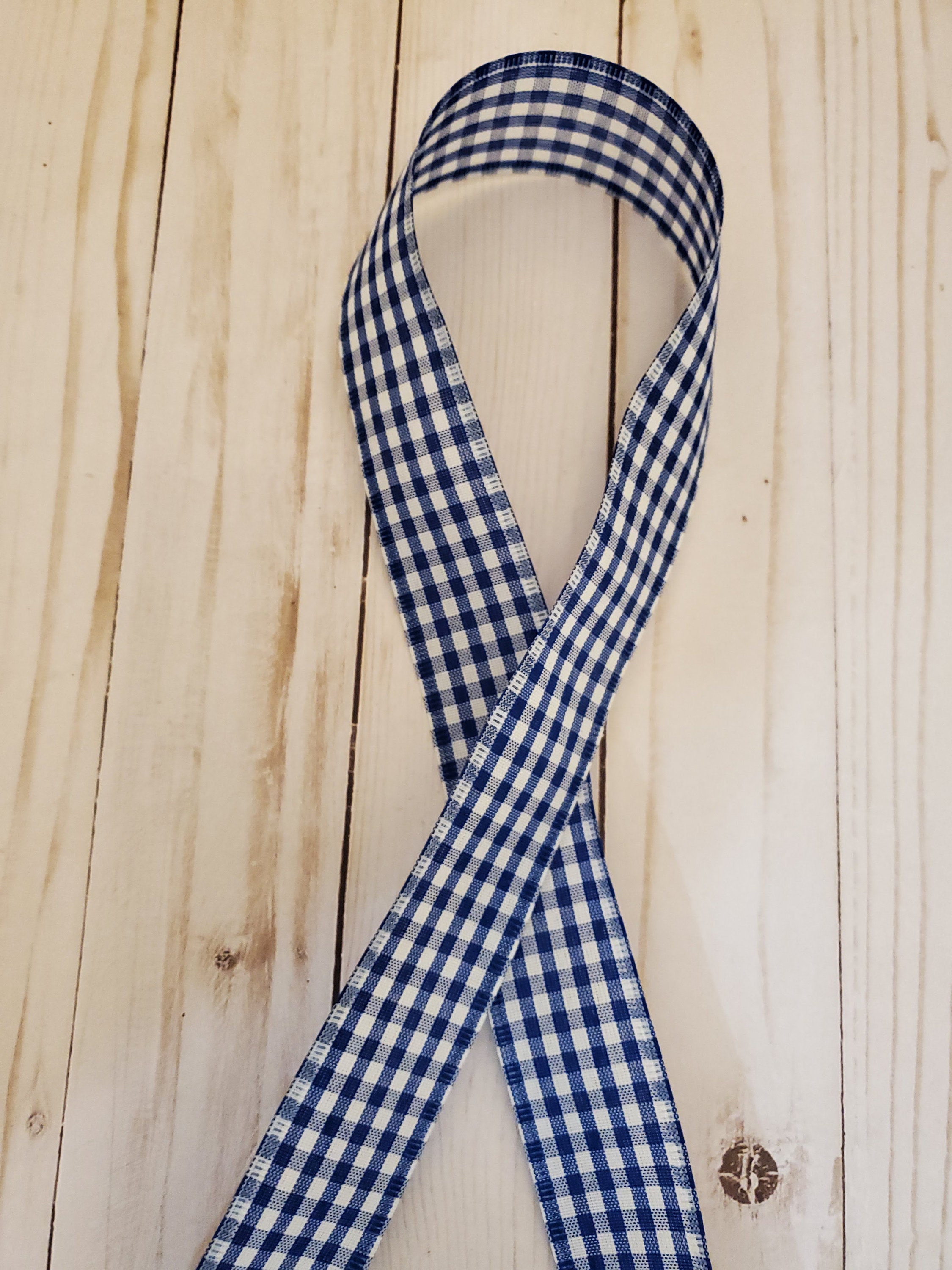 1.5 Dark Blue Gingham Ribbon, Wired Blue Gingham Ribbon, Blue White Wired  Ribbon