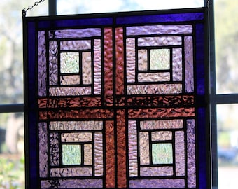 Stained Glass Log Cabin Quilt Panel- Iridescent, Pink & Purple- Stained Glass Window Panel- More Than Life Art