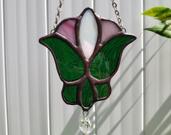 Garden Bloom Stained Glass Suncatcher- Pink Iridescent Flower with Vintage Glass Crystal- Hanging Window Pendant- More Than Life Art