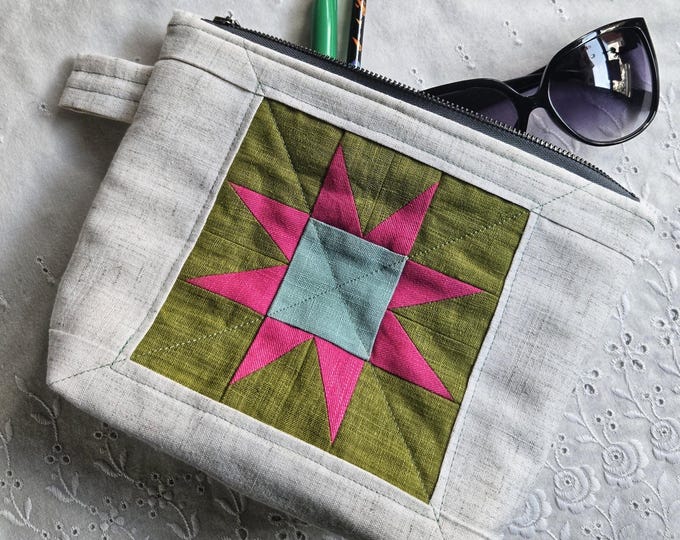 Sawtooth Star Quilted Bag: Green, Pink, and White- Handmade Patchwork Cosmetic & Toiletry Pouch
