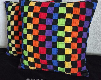 Handwoven Rainbow Checkered Throw Pillow: Upcycled Cotton, Velvet Back
