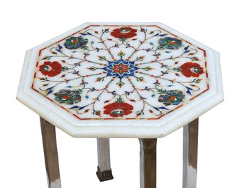 Functional Marble Inlay End Table, Pietra Dura Living Room Side Table, Marble Accent Table, Natural Stone Table, Marble Inlay Furniture
