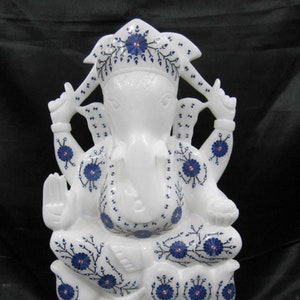 Marble Ganesh Murti with Inlay Work, Spiritual Decor Ganesha Figurine, Ganesh Statue for Office Desk, Remover of Obstacles Idol