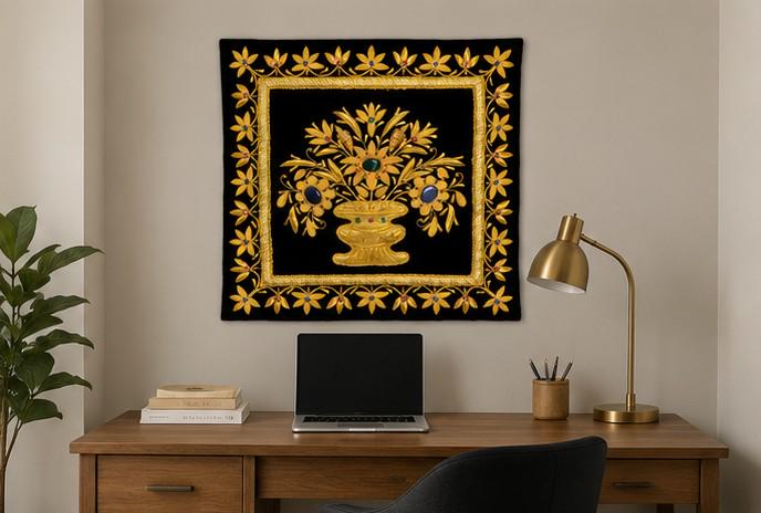 Floral Zardozi Tapestry, Gold Thread Embroidery, Jewel Embellished