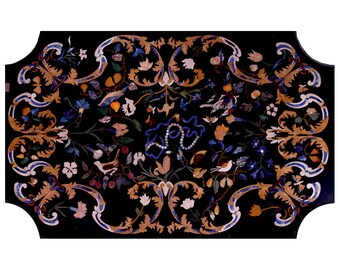 Floral Mosaic Inlay Table Top w/ Semi Precious Gemstones, Conference Office Table, Black Marble Family Dinner Table, Mosaic Kitchen Table