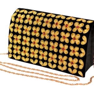 Reich verzierte Zardozi-Geldbeutel bestickt mit Kupferblumen, Statement-Kupplung, Pailletten-Abendtasche, handwerkliche Zardozi-Stickerei-Kupplung