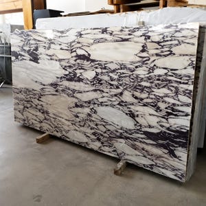 May include: A large rectangular slab of polished stone featuring a high-contrast pattern of irregular white and cream-colored shapes embedded within a dense, dark purple and black veined matrix, standing upright on two small wooden support blocks.