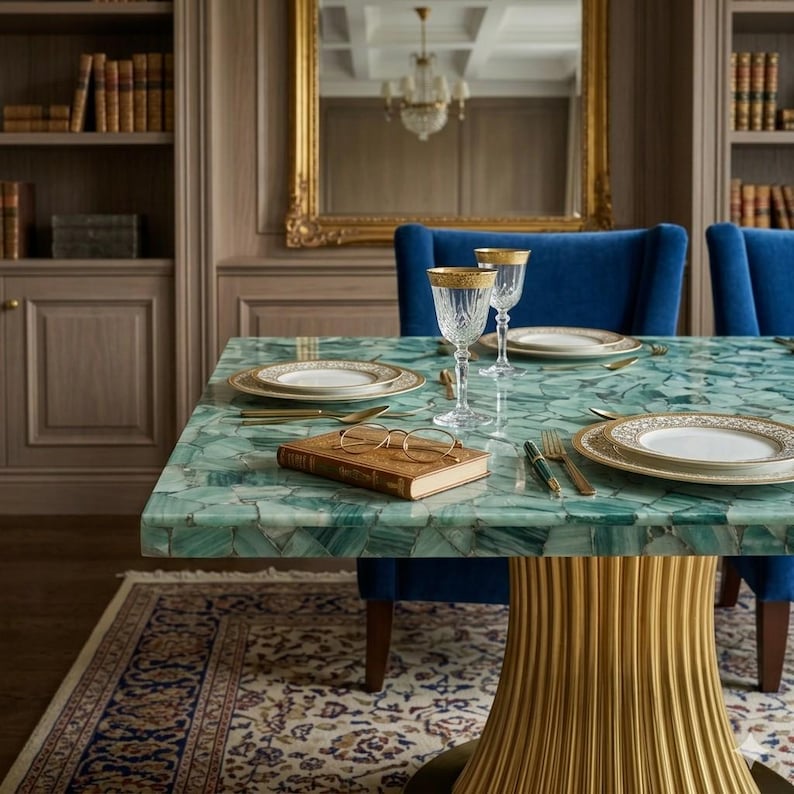 May include: A dining table with a green stone top, set with gold-rimmed plates, crystal glasses, and gold cutlery. A book with glasses rests on the table. Blue velvet chairs surround the table, with a gold-framed mirror in the background.