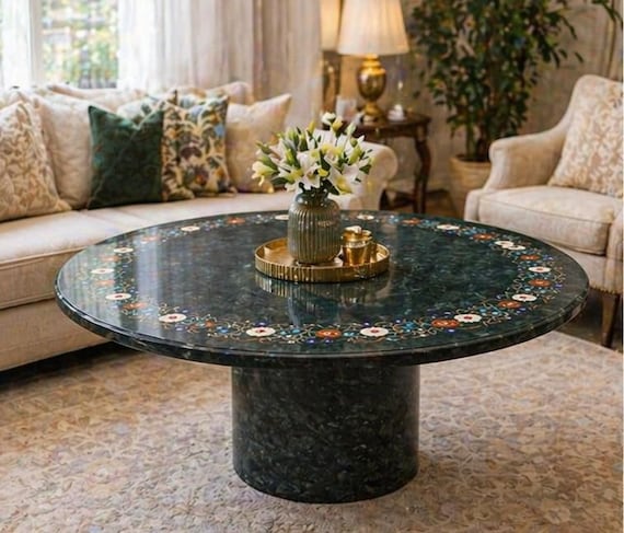 Grüner Marmor Couchtisch runde Inlay Steinplatte | Luxus Oberfläche für Custom Base