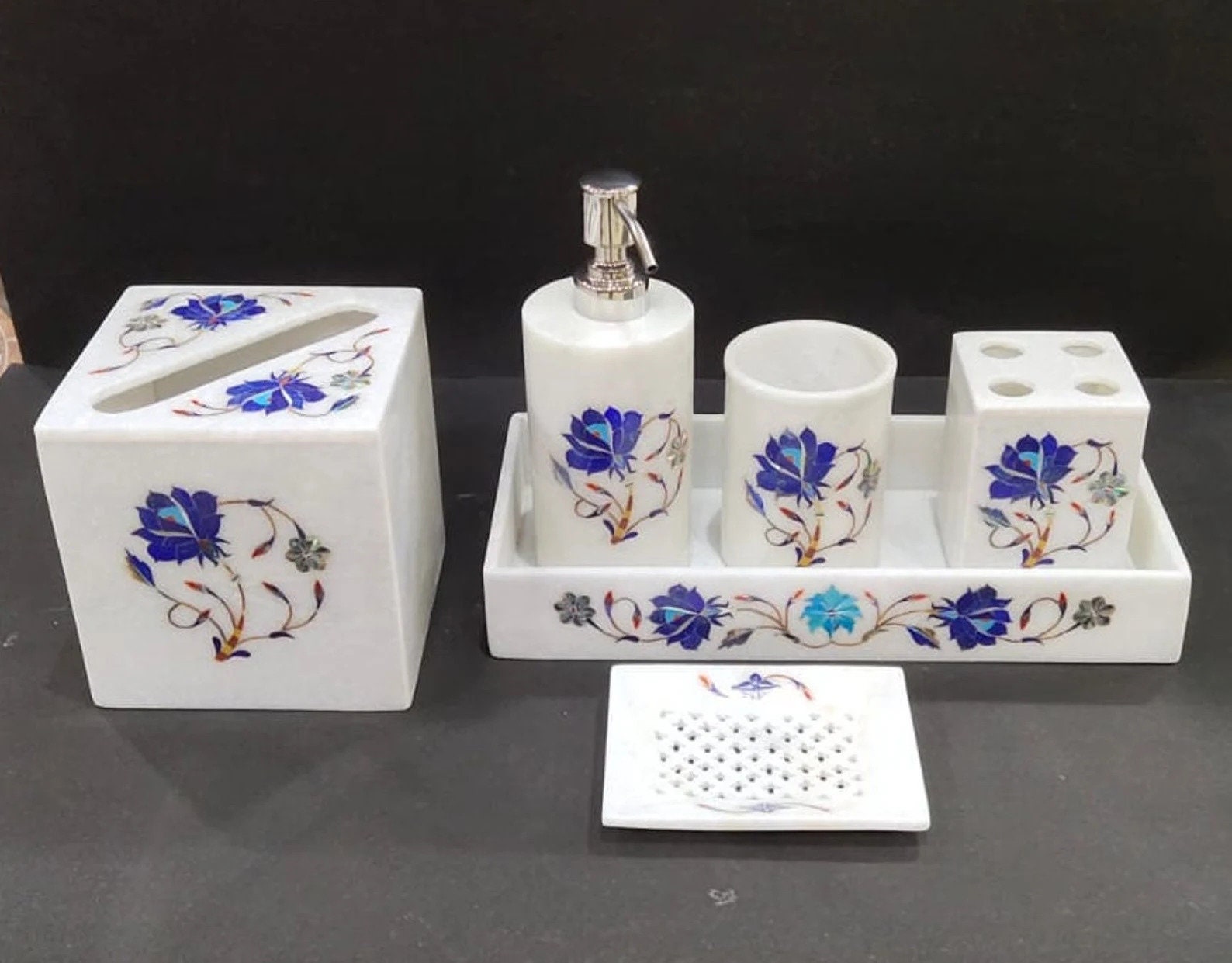 Marble Bathroom Accessories Set, Soap Dispenser Set W/ Vanity Tray