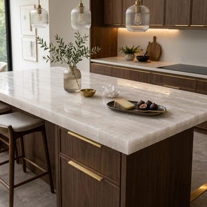 Puede incluir: Una isla de cocina con encimera de piedra blanca translúcida con un grano lineal sutil. La base es de madera oscura con tiradores y patas de metal dorado. Dos taburetes de madera con cojines de color claro están colocados debajo.