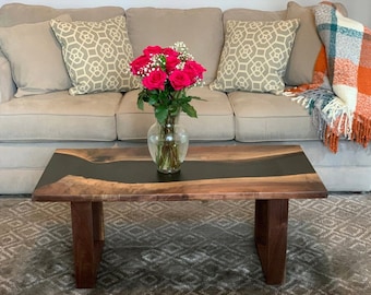 Black Walnut Epoxy River Table, Dark Theme Epoxy Accent Table, High-Gloss Finish Black Epoxy Coffee Table, Black Epoxy Resin Art Table