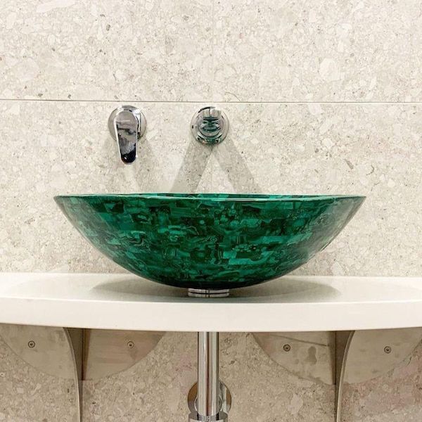 Green Stone Malachite Countertop Sink, Malachite Vanity Sink for Upscale Bathrooms, Statement Piece Washbasin, Unique Vanity Centerpiece