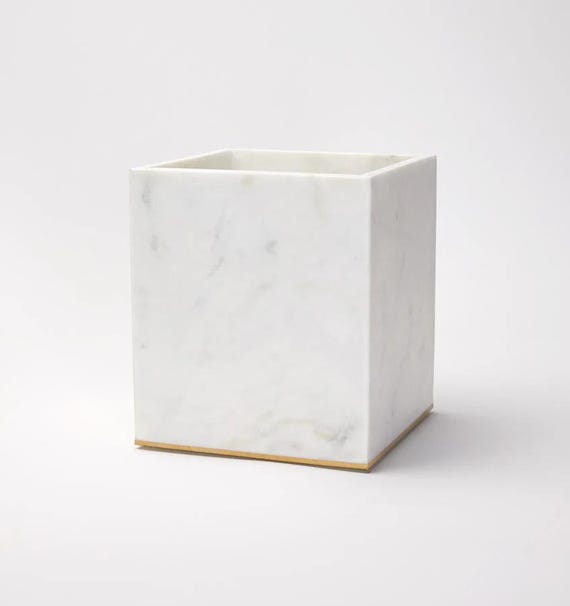 Travertine Stone Rectangular Trash Can - Natural Ivory Bathroom Wastebasket, Durable Stone Office Decor