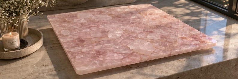May include: A square, pink quartz serving board with a mosaic-like pattern. The board has a polished surface and is set on a light-colored countertop. The quartz has a translucent quality, with variations in color and texture.