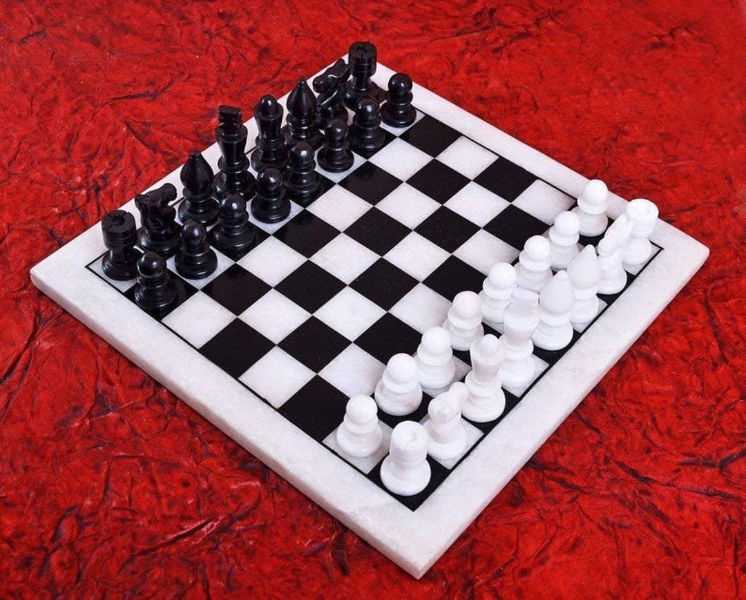 Vintage Sqaure Black & White Marble Chess Set, Chessboard and Pieces ...