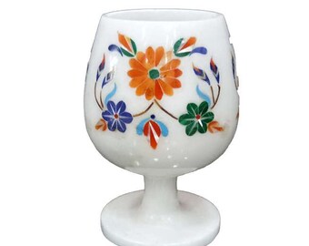 Unique marble wine glass and goblet inlaid with gemstones, Marquetry inlay work, decorative wine glass, vintage art collectibles
